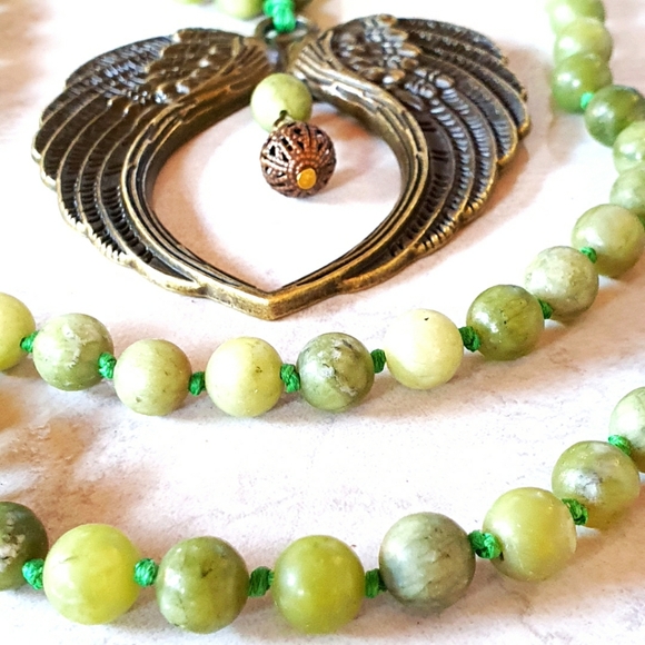 Jade Beads Antique Bronze Wings Long Necklace - Picture 4 of 6